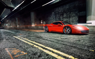 Red sports car tunnel street - a yellow line free wallpaper