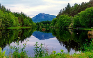 Lake mountains trees cloudy sky 11 - tree and mountains free wallpaper