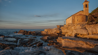 Church rocky shore sunset boat - cagnaccio di san pietro free wallpaper