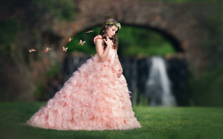 Pink dress waterfall butterflies portrait - butterfly free wallpaper