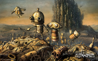 People machinery clock tower building - pop surrealism free wallpaper