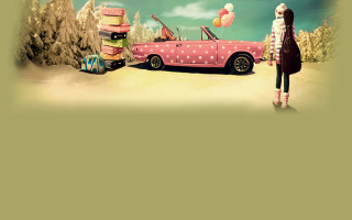 Woman pink car polka dot - the roof free wallpaper