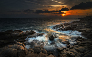 Sunset ocean waves lighthouse mystical 2 - cloudy free wallpaper