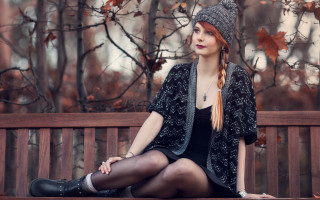 Gothic woman bench hat stockings - portrait photography free wallpaper