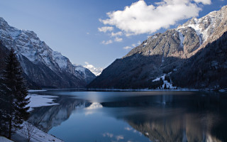Mountain lake snow trees clouds 3 - carl hoppe free wallpaper