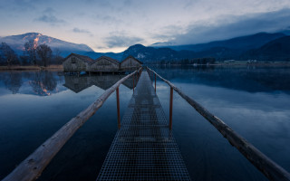 Dock wooden structure mountains dusk - dusk free wallpaper
