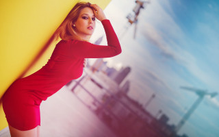 Woman red dress yellow wall - constructivism free wallpaper