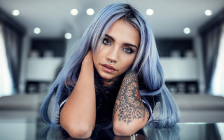 Blue haired tattooed woman moonlight - carla wyzgala free wallpaper
