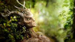 Deer statue forest tree trunk - epic fantasy character art free wallpaper