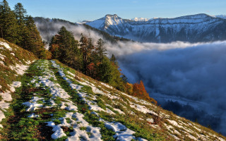 Snowy mountain trail forest lake - charles angrand free wallpaper