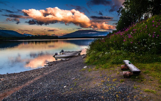 Lake sunset boat bench cloudy - nearby free wallpaper