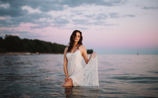 Woman white dress water sailboat - impressionist free wallpaper