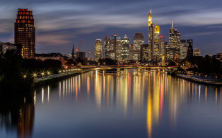 City skyline reflection night bridge - a matte painting free wallpaper