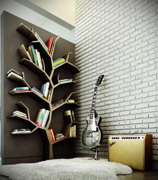 Guitar book shelf brick wall - chris labrooy free wallpaper