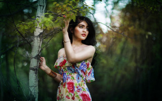 Woman floral dress forest bush - floral free wallpaper