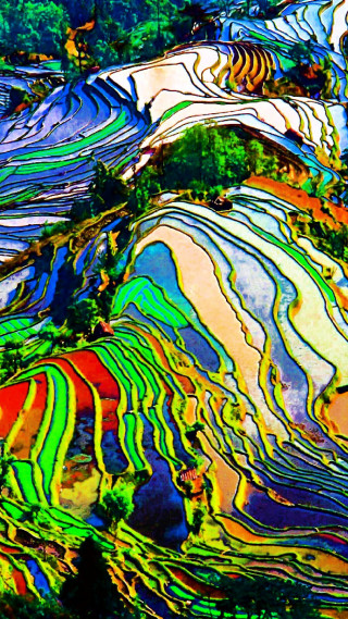 Colorful painting mountain range trees - a blue sky above free wallpaper