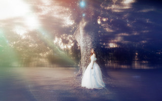 Woman white dress tree light - anamorphic free wallpaper for desktop