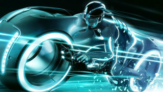 Futuristic man motorcycle blue lights - cedric peyravernay free wallpaper