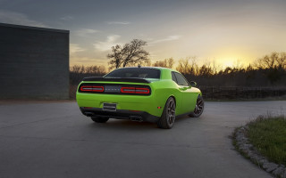 Green sports car driveway sunset - the sun behind free wallpaper