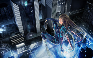 Futuristic woman flying cityscape cyberpunk - skyscraper free wallpaper