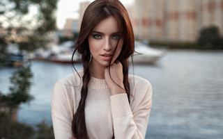 Woman longhair water city skyline - long dark hair free wallpaper
