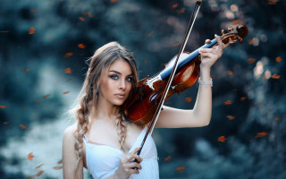 Woman white dress violin forest - a white dress holding free wallpaper