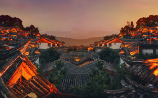 Village roofs lights mountain night - an zhengwen free wallpaper