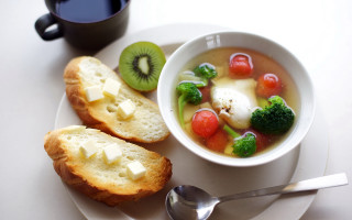 Soup bread vegetables coffee spoon - food photography free wallpaper
