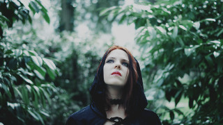 Woman redhair hoodie forest sky - gothic free wallpaper for desktop