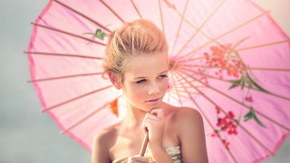 Woman pink umbrella flower dress - portrait photography free wallpaper