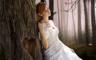 Woman white dress forest pink - head free wallpaper