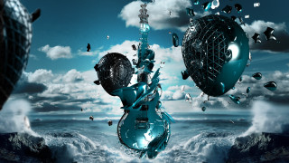 Floating guitar beach ocean sky - surreal free wallpaper