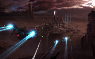 Futuristic city spaceship blue lights - matte painting concept art free wallpaper