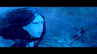 Woman sword blue background fish - a man in the background free wallpaper
