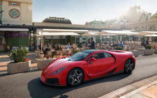 Red sports car restaurant cafe - people sitting free wallpaper
