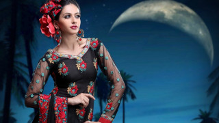 Woman red dress flower moon - a red flower free wallpaper