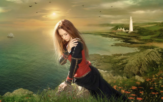 Woman red dress cliff ocean 2 - matte fantasy painting free wallpaper