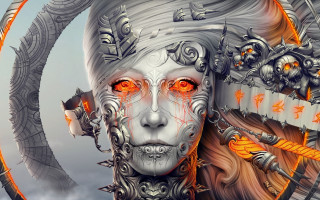 Orange eyes headdress sword clock - strange free wallpaper