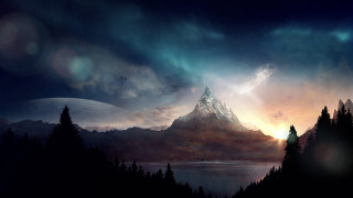Mountain lake sky clouds sunbeam - a painting of a mountain free wallpaper