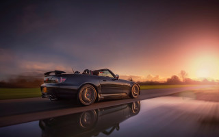 Car sunset reflection mountain ocean - cinematic free wallpaper for desktop