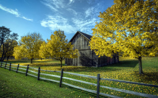 Barn fence trees autumn sky - a fence and trees free wallpaper