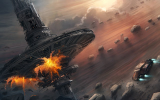 Sci fi flying city fireball - darek zabrocki free wallpaper