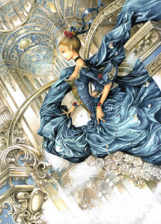 Woman blue dress staircase dog - a painting of a woman free wallpaper