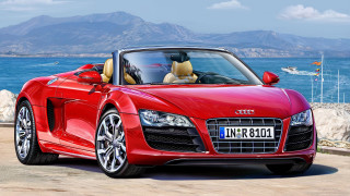 Red car ocean mountains boat - digital free wallpaper for desktop