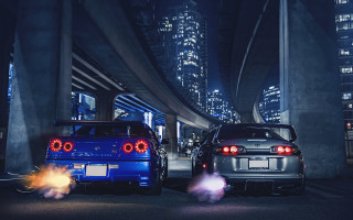 Two cars city street night - fine art free wallpaper