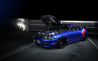 Blue car hood open night - blueprint free wallpaper