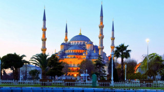 Large blue mosque night palm - architecture free wallpaper