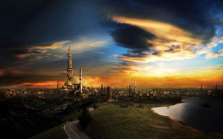City tall buildings river sunset 2 - sunset time free wallpaper