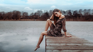 Woman dock lake clouds fashion - a photorealistic painting free wallpaper for desktop