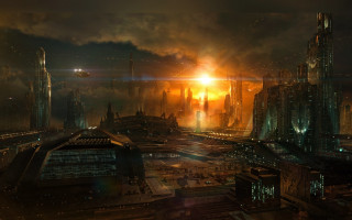 Futuristic city skyline bright sunset - a futuristic city free wallpaper